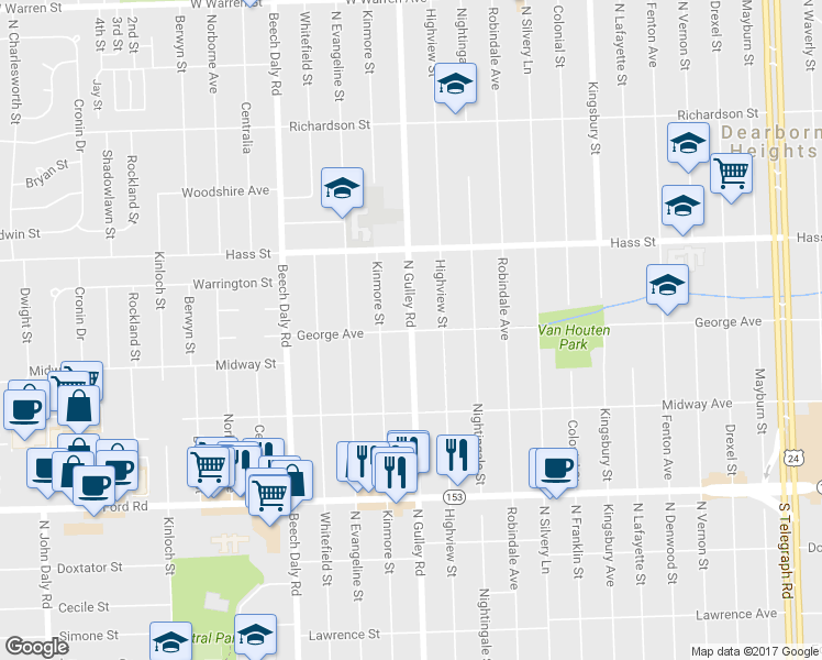 map of restaurants, bars, coffee shops, grocery stores, and more near 6201 North Gulley Road in Dearborn Heights