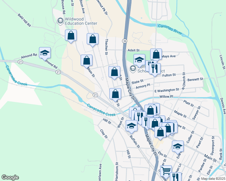 map of restaurants, bars, coffee shops, grocery stores, and more near 116 Thacher Street in Hornell