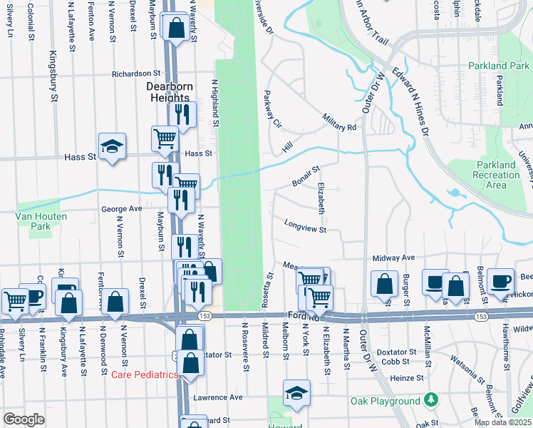 map of restaurants, bars, coffee shops, grocery stores, and more near 6001 Rosetta Street in Dearborn Heights