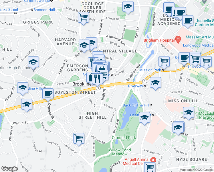 map of restaurants, bars, coffee shops, grocery stores, and more near Boylston Street & Washington Street in Brookline