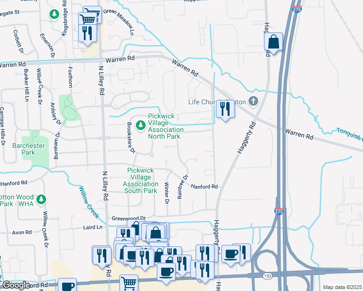 map of restaurants, bars, coffee shops, grocery stores, and more near 41946 Conner Creek Court in Wayne County