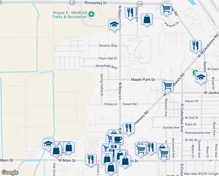 map of restaurants, bars, coffee shops, grocery stores, and more near 668 Kaitlin Lane in Medford