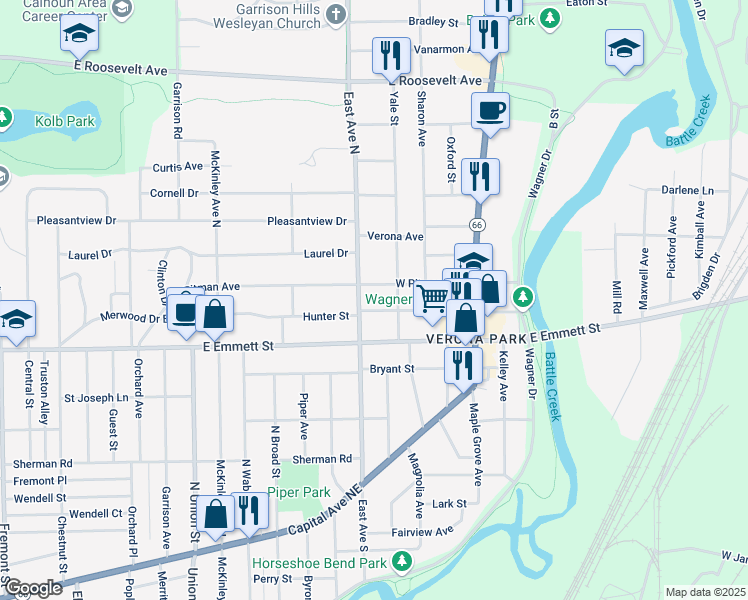 map of restaurants, bars, coffee shops, grocery stores, and more near 347 Hunter Street in Battle Creek