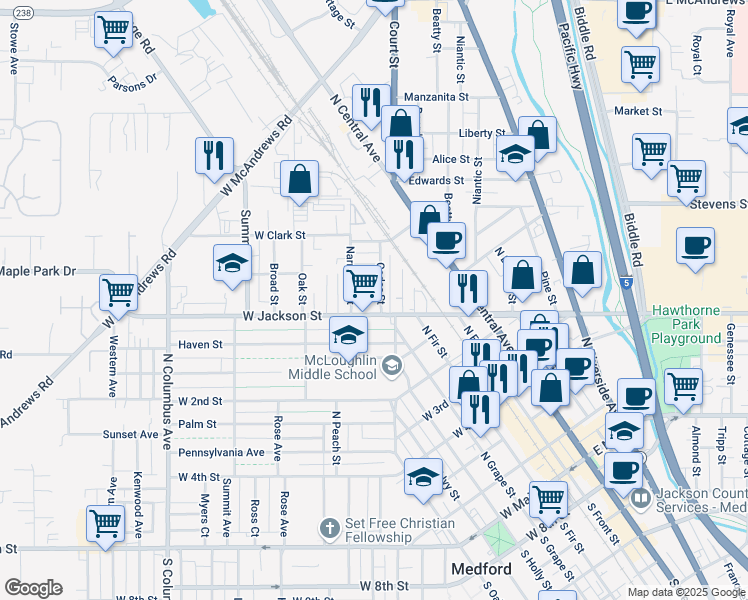 map of restaurants, bars, coffee shops, grocery stores, and more near 711 Cedar St in Medford
