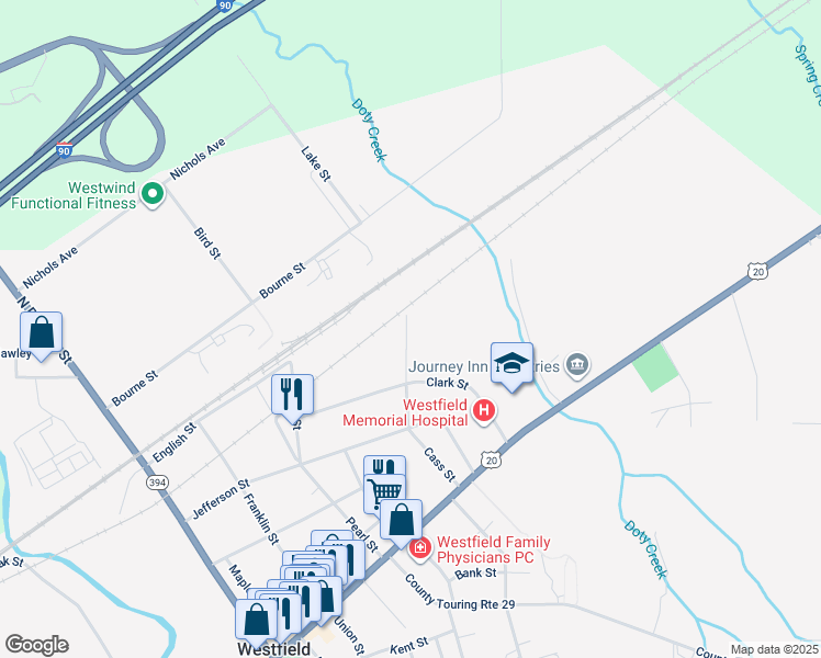 map of restaurants, bars, coffee shops, grocery stores, and more near 75 Cass Street in Westfield