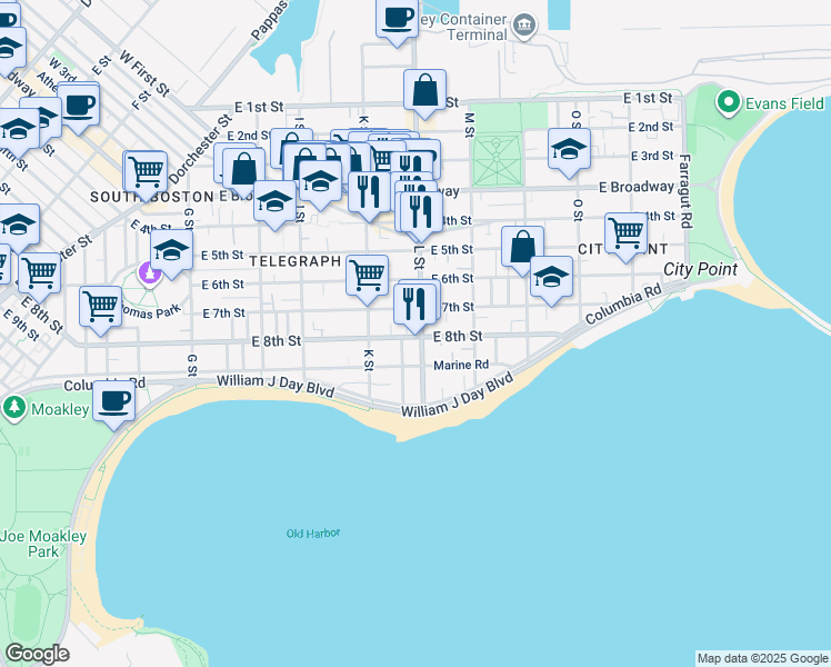 map of restaurants, bars, coffee shops, grocery stores, and more near 656 East 8th Street in Boston