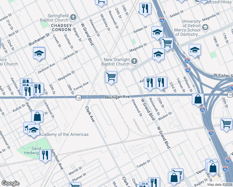 map of restaurants, bars, coffee shops, grocery stores, and more near 4000 Michigan Avenue in Detroit