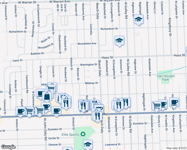 map of restaurants, bars, coffee shops, grocery stores, and more near 6075 S Bankle Ct in Dearborn Heights
