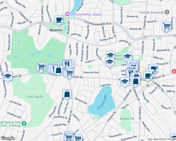 map of restaurants, bars, coffee shops, grocery stores, and more near 65 Hancock Avenue in Newton