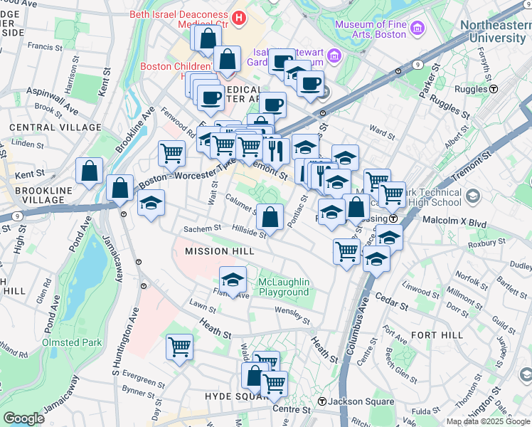 map of restaurants, bars, coffee shops, grocery stores, and more near 98 Calumet Street in Roxbury Crossing
