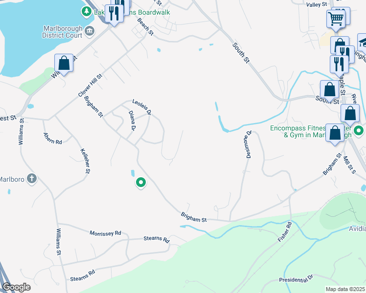 map of restaurants, bars, coffee shops, grocery stores, and more near 143 Bracken Drive in Marlborough