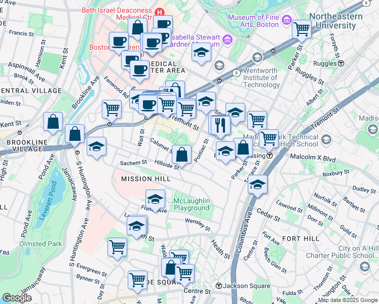 map of restaurants, bars, coffee shops, grocery stores, and more near 101 Calumet Street in Boston