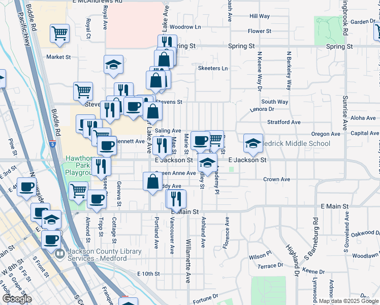 map of restaurants, bars, coffee shops, grocery stores, and more near 314 Marie Street in Medford