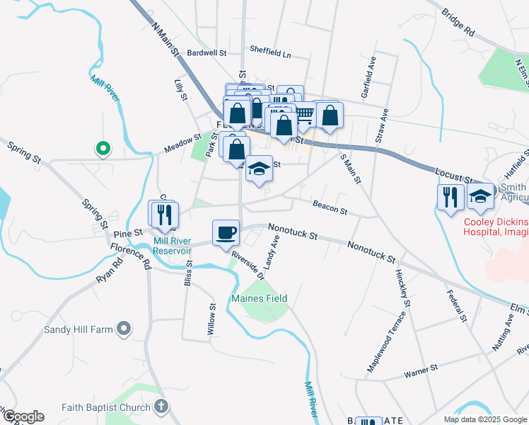map of restaurants, bars, coffee shops, grocery stores, and more near 31 Mann Terrace in Northampton