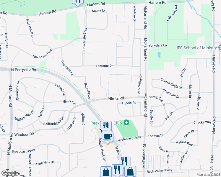 map of restaurants, bars, coffee shops, grocery stores, and more near 4867 Pine Meadow Parkway in Loves Park