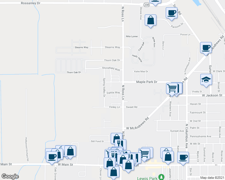map of restaurants, bars, coffee shops, grocery stores, and more near 2364 Dahlia Way in Medford