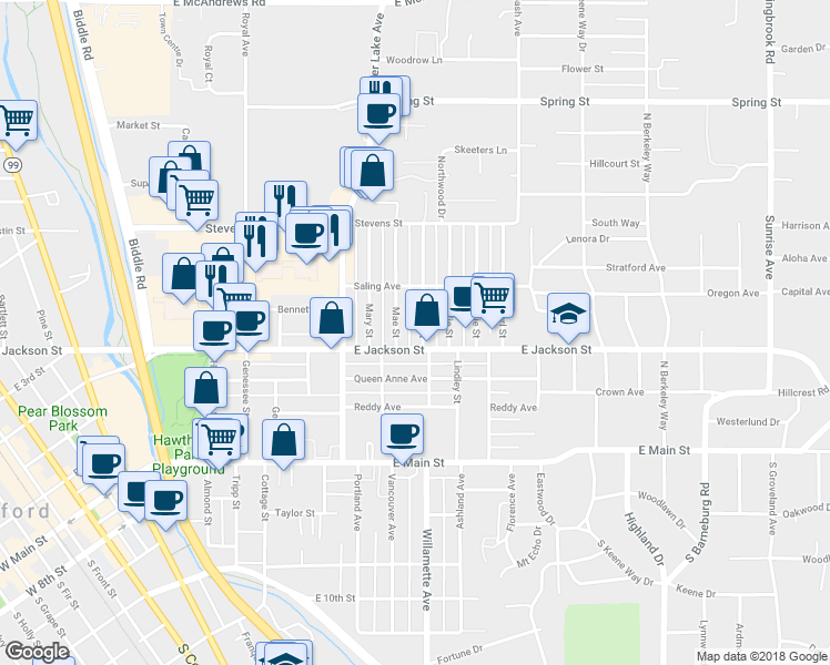 map of restaurants, bars, coffee shops, grocery stores, and more near 314 Marie Street in Medford