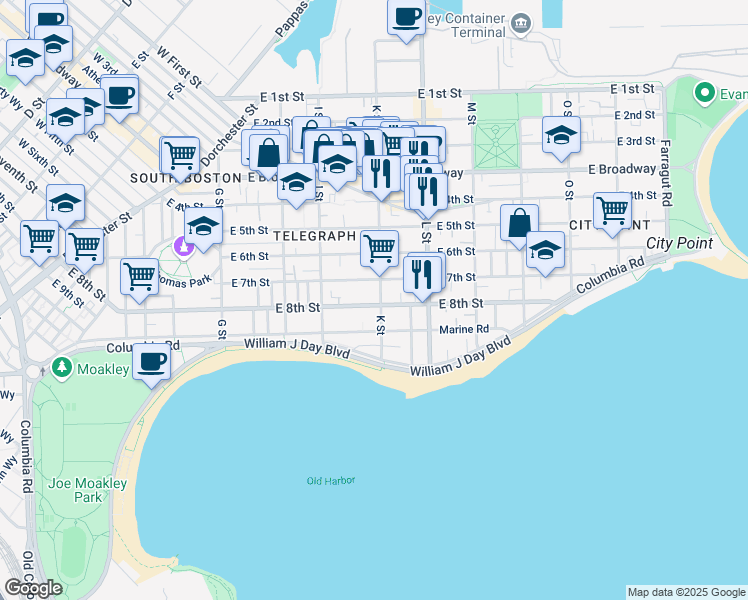 map of restaurants, bars, coffee shops, grocery stores, and more near 360 K Street in Boston