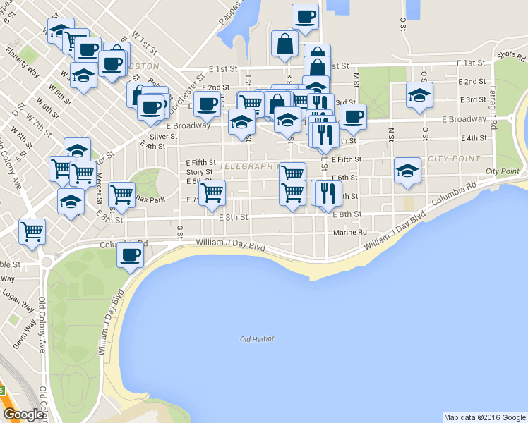 map of restaurants, bars, coffee shops, grocery stores, and more near 582-1/2 East 8th Street in Boston