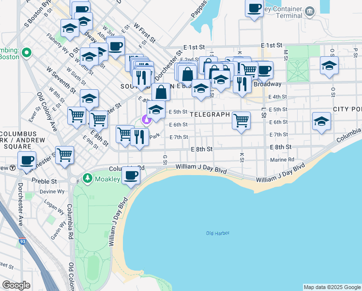 map of restaurants, bars, coffee shops, grocery stores, and more near 454 East 8th Street in Boston
