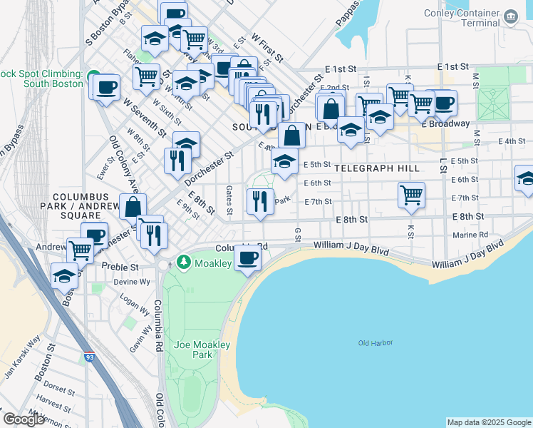 map of restaurants, bars, coffee shops, grocery stores, and more near 378 East 8th Street in Boston