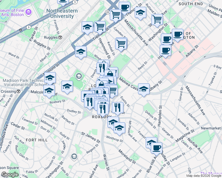 map of restaurants, bars, coffee shops, grocery stores, and more near 16 Eustis Street in Boston