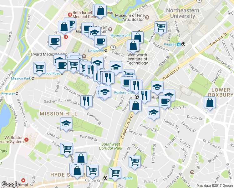 map of restaurants, bars, coffee shops, grocery stores, and more near in Boston