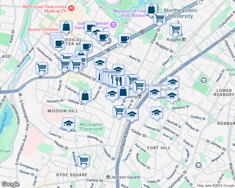 map of restaurants, bars, coffee shops, grocery stores, and more near in Boston