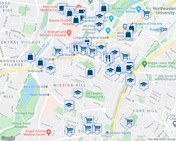 map of restaurants, bars, coffee shops, grocery stores, and more near 101 Calumet Street in Boston