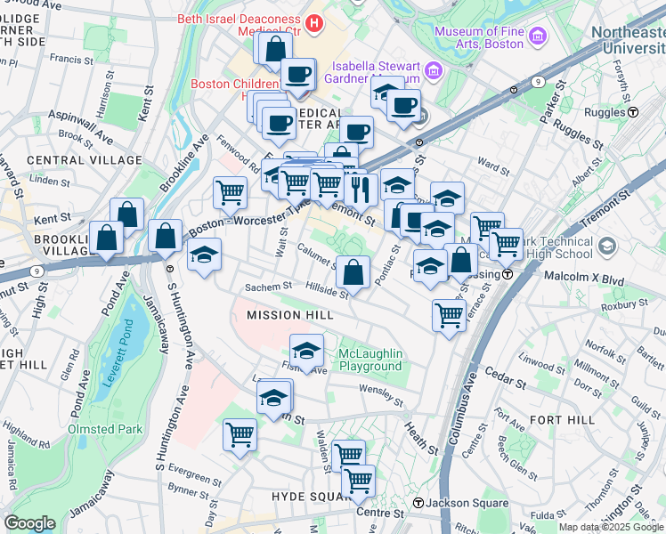 map of restaurants, bars, coffee shops, grocery stores, and more near 5 Oswald Street in Boston