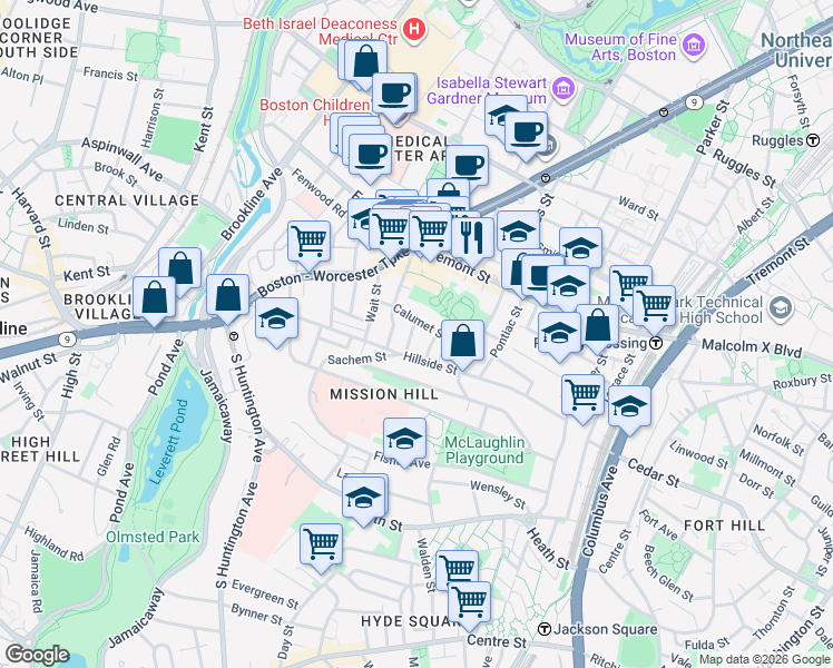 map of restaurants, bars, coffee shops, grocery stores, and more near 5 Oswald Street in Boston