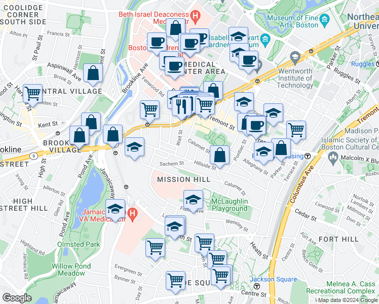 map of restaurants, bars, coffee shops, grocery stores, and more near 39 Darling Street in Boston