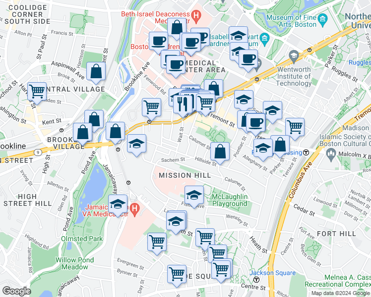 map of restaurants, bars, coffee shops, grocery stores, and more near 39 Darling Street in Boston