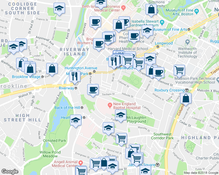 map of restaurants, bars, coffee shops, grocery stores, and more near 168 Hillside Street in Boston
