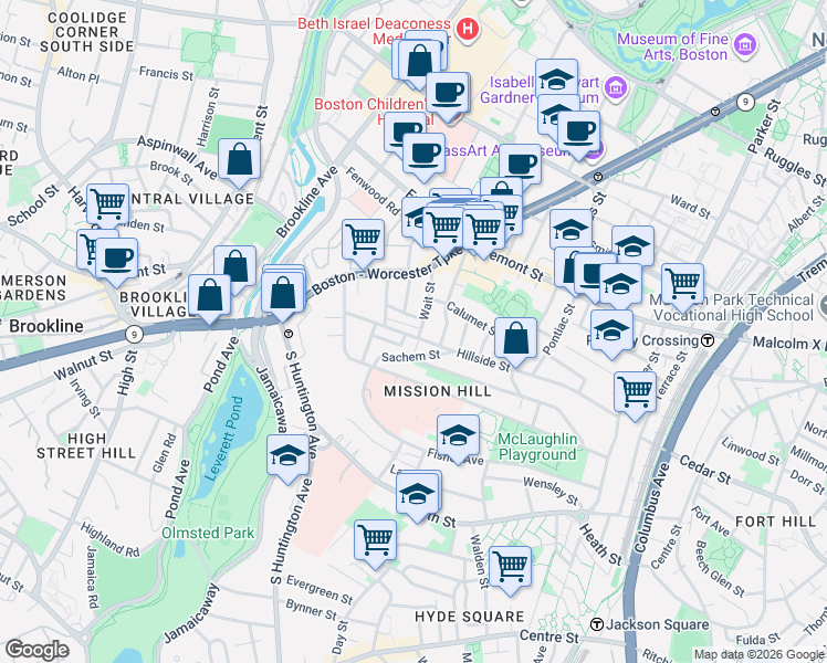 map of restaurants, bars, coffee shops, grocery stores, and more near 168 Hillside Street in Boston