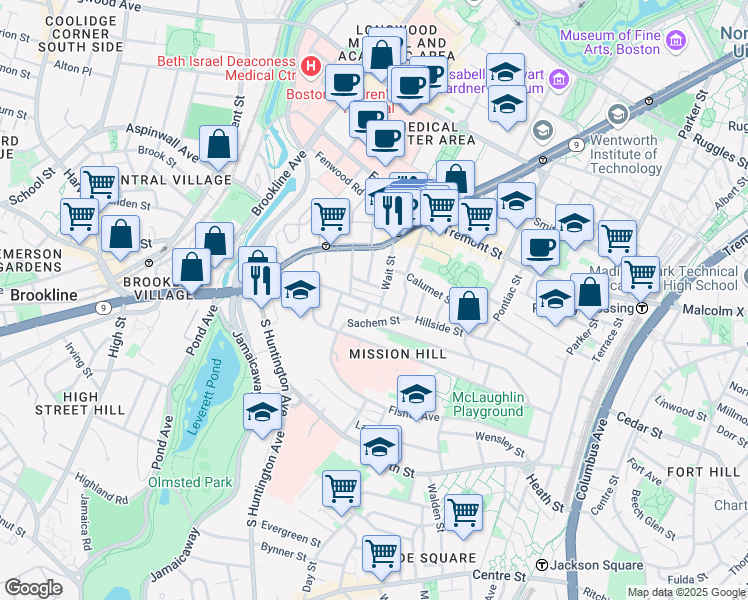 map of restaurants, bars, coffee shops, grocery stores, and more near 168 Hillside Street in Boston