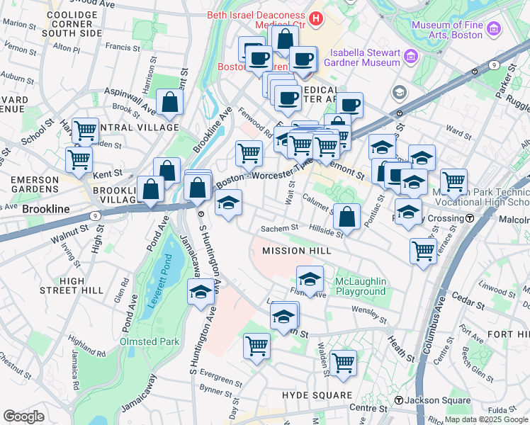 map of restaurants, bars, coffee shops, grocery stores, and more near 168 Hillside Street in Boston