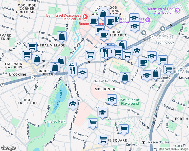 map of restaurants, bars, coffee shops, grocery stores, and more near 168 Hillside Street in Boston