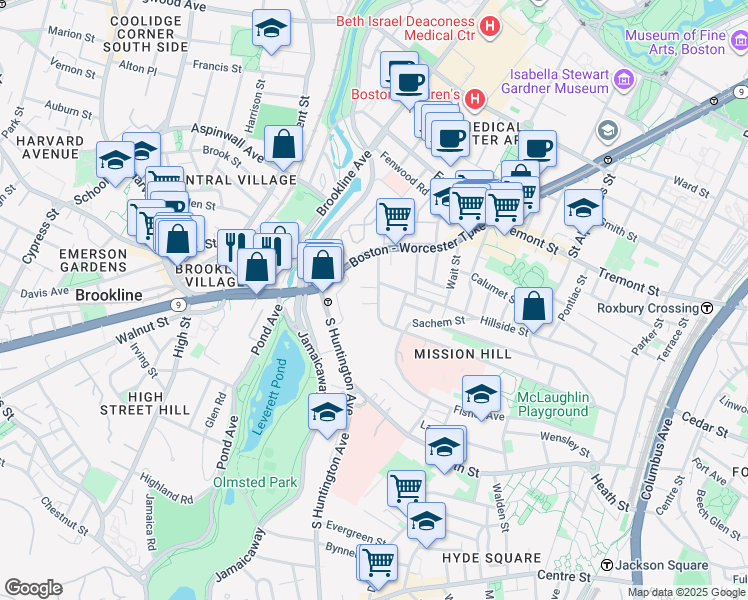map of restaurants, bars, coffee shops, grocery stores, and more near 3 Parker Hill Terrace in Boston
