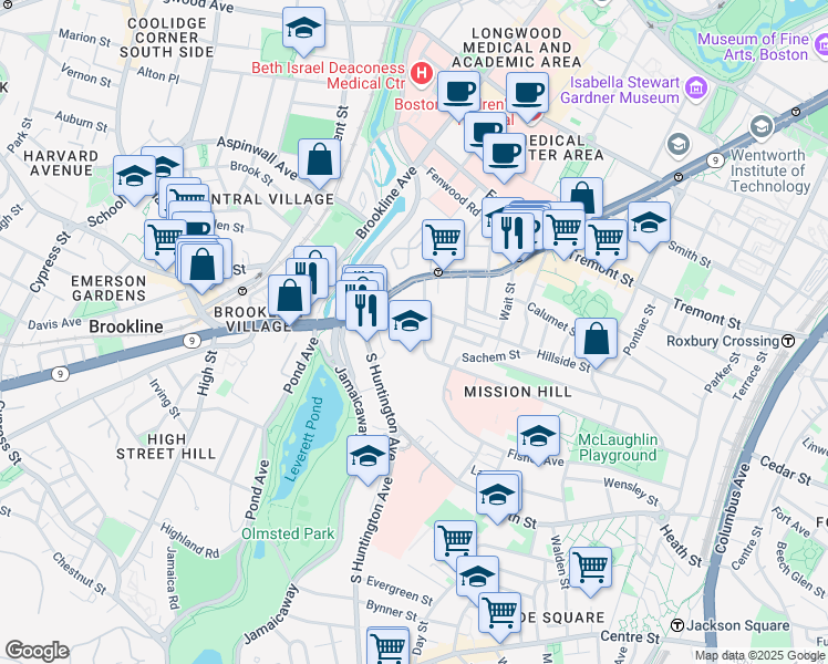 map of restaurants, bars, coffee shops, grocery stores, and more near 3 Parker Hill Terrace in Boston