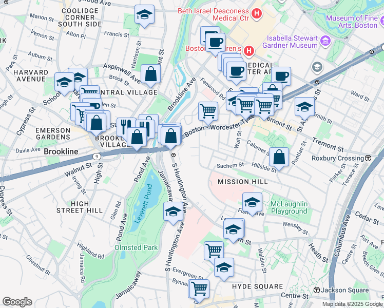 map of restaurants, bars, coffee shops, grocery stores, and more near 3 Parker Hill Terrace in Boston