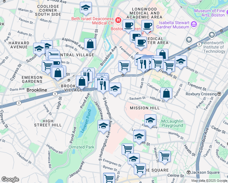 map of restaurants, bars, coffee shops, grocery stores, and more near 3 Parker Hill Terrace in Boston
