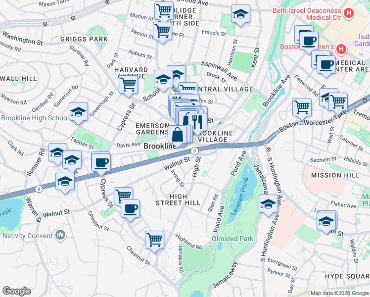 map of restaurants, bars, coffee shops, grocery stores, and more near 71 Massachusetts 9 in Brookline