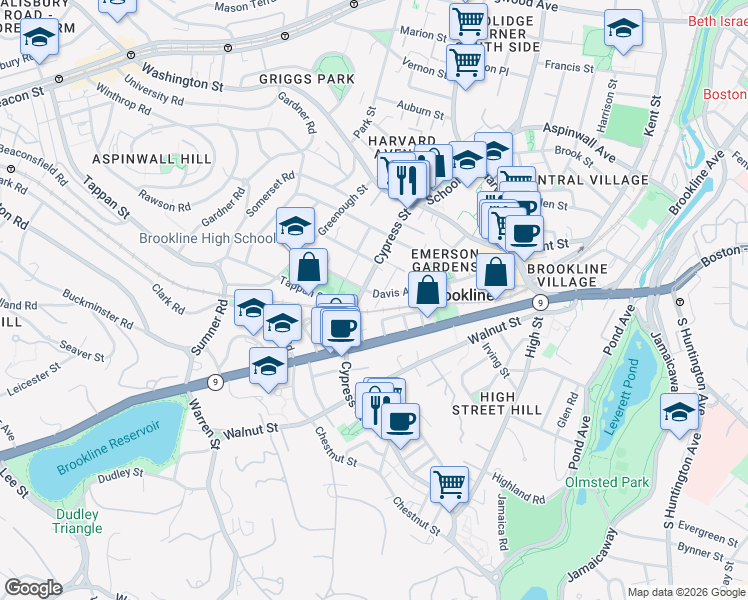 map of restaurants, bars, coffee shops, grocery stores, and more near 102 Cypress Street in Brookline