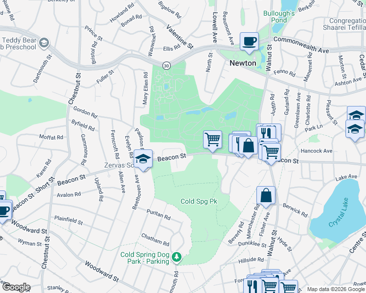 map of restaurants, bars, coffee shops, grocery stores, and more near 11 Warren Road in Newton