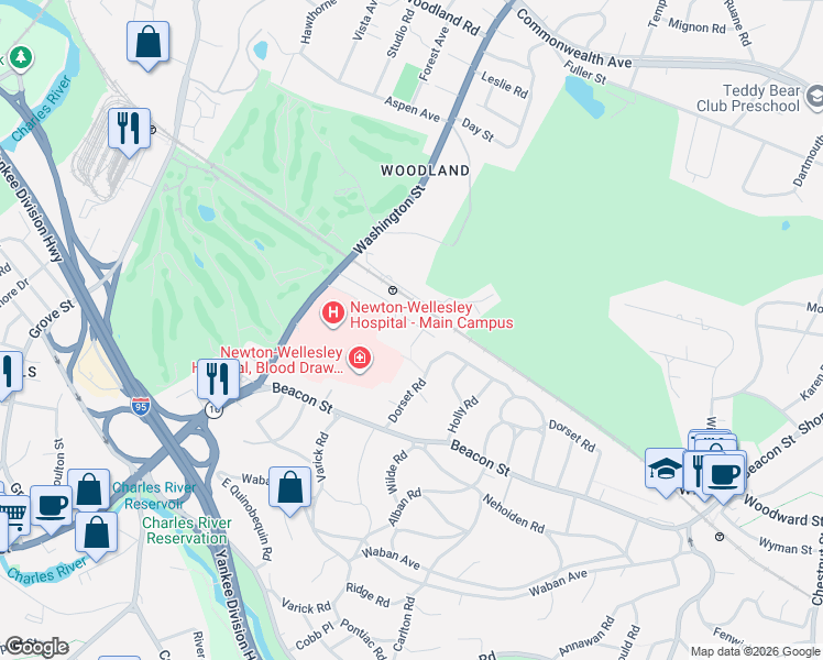 map of restaurants, bars, coffee shops, grocery stores, and more near 85 Longfellow Road in Newton