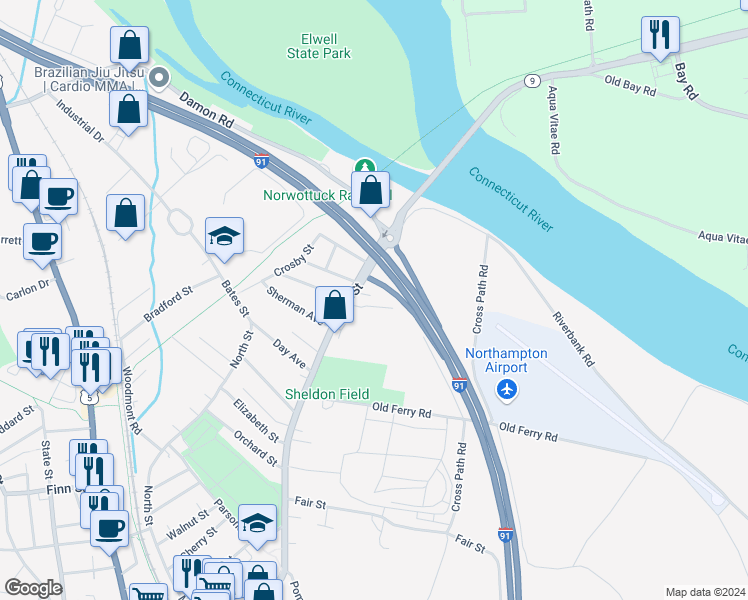 map of restaurants, bars, coffee shops, grocery stores, and more near 351 Bridge Street in Northampton