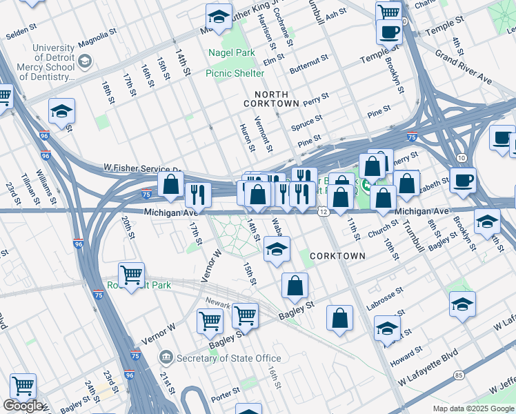 map of restaurants, bars, coffee shops, grocery stores, and more near in Detroit