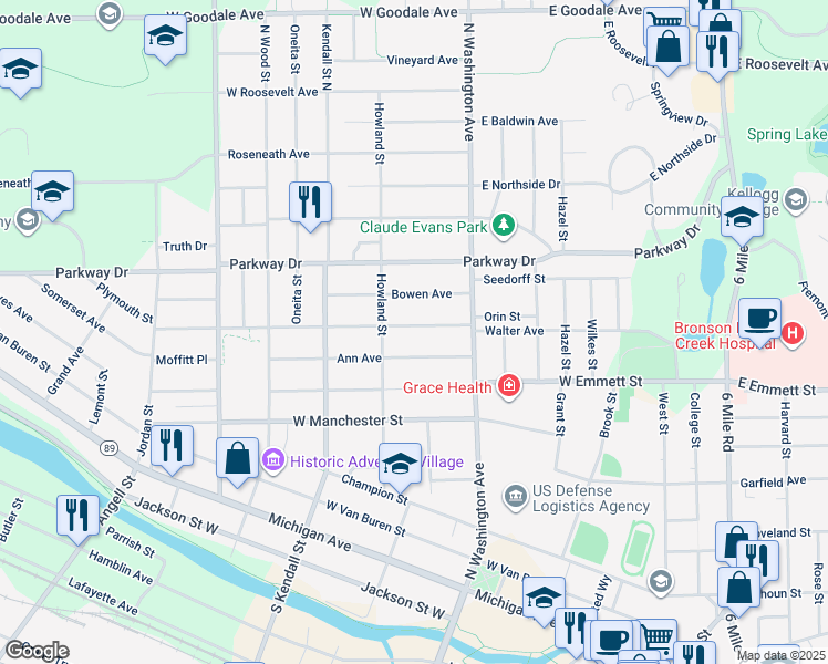 map of restaurants, bars, coffee shops, grocery stores, and more near 53 Greenwood Avenue in Battle Creek