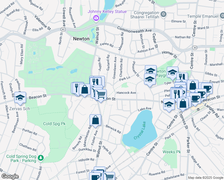 map of restaurants, bars, coffee shops, grocery stores, and more near 20 Greenlawn Avenue in Newton
